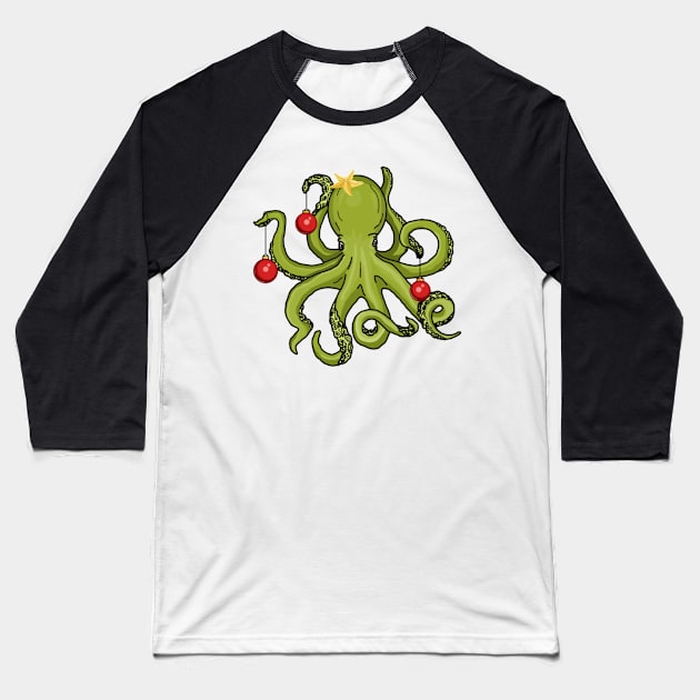 Christmas Kraken (Octopus Christmas Tree) Baseball T-Shirt by Octopus Cafe